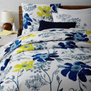 WEST ELM Full Queen White Yellow Blue Floral Modern Abstract Duvet Cover